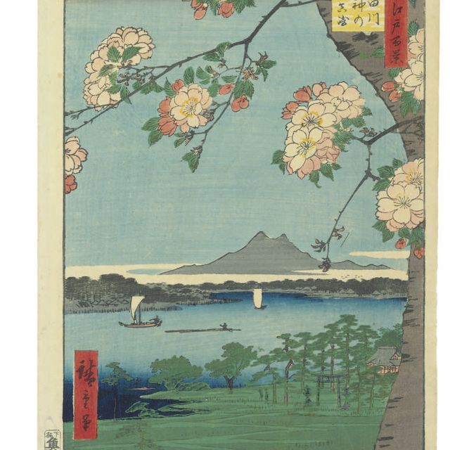 Utagawa Hiroshige — Сумидагава Суйд-дзин-но-мори Масаки (Масаки и роща Суйд-дзин у реки Сумида), Мама-но-момидзи, Текона-но-ясиро Цугихаси (Клены у Мамы, храм Текона и мост Цугихаси). Онмаягаши
