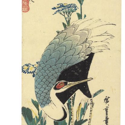 Utagawa Hiroshige — Журавль с белым ворсом и астры, медный фазан на скале