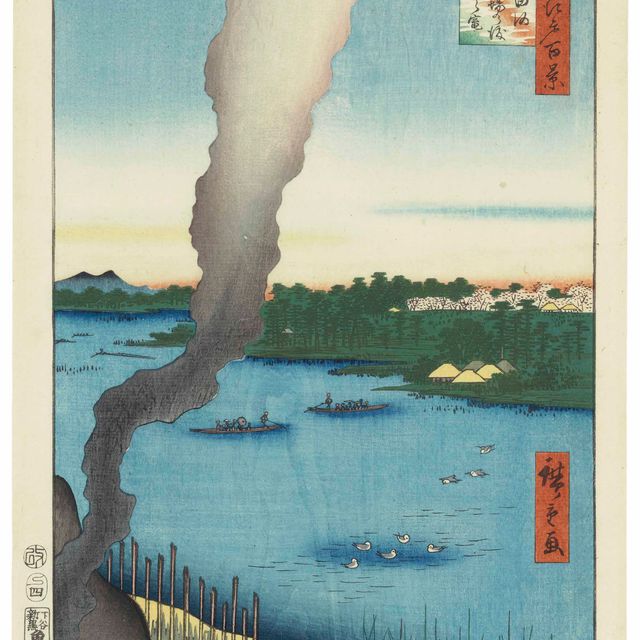 Utagawa Hiroshige — СУМИДАГАВА ХАСИБА НО ВАТАТАСИ КАВАРАГАВА (ПАРОМНАЯ ПЕРЕПРАВА ХАСИБА И ПЕЧИ ДЛЯ ОБЖИГА ПЛИТКИ НА РЕКЕ СУМИДА), ИЗ СЕРИИ "СТО ВИДОВ ЗНАМЕНИТЫХ МЕСТ ЭДО".