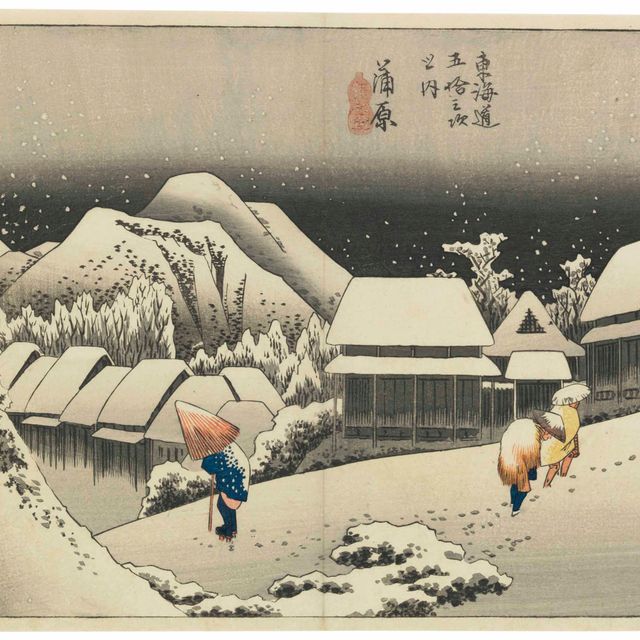 Utagawa Hiroshige — "КАНБАРА ЙОРУ НО ЮКИ" ("ВЕЧЕРНИЙ СНЕГ", КАНБАРА) ИЗ СЕРИИ "ТОКАЙДО ГОДЗЮСАН ЦУГИ НО УЧИ" ("ПЯТЬДЕСЯТ ТРИ СТАНЦИИ ТОКАЙДО")