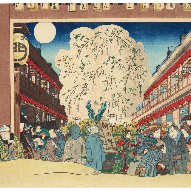 Utagawa Kunisada — Луна и вечернее цветение сакуры в северном районе развлечений (Хоккоку цуки-но едзакура)