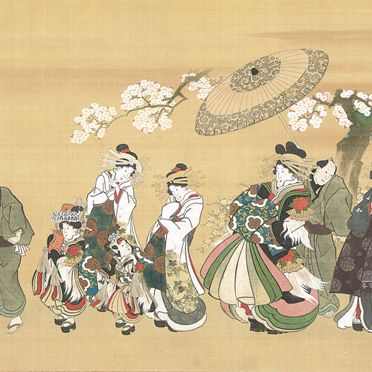 Utagawa Kunisada — Куртизанка на параде в Есиваре со своими сопровождающими под цветущей сакурой