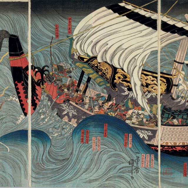 Utagawa Kuniyoshi — Сэссю Даймоцу-но-ура, Хейке-но онре араваруру дзу (Призраки клана Тайра нападают на корабль Есицунэ у берегов Даймоцу в провинции Сэтцу [28-го числа 11-го месяца 1185 года])