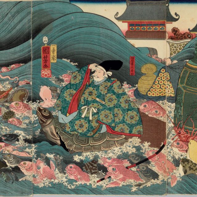 Utagawa Kuniyoshi — Рюгудзе, Тавара но Тота Хидэсато и саншу но мияге окуру (Дворец дракона: Тавара но Тота Хидэсато получает три подарка)