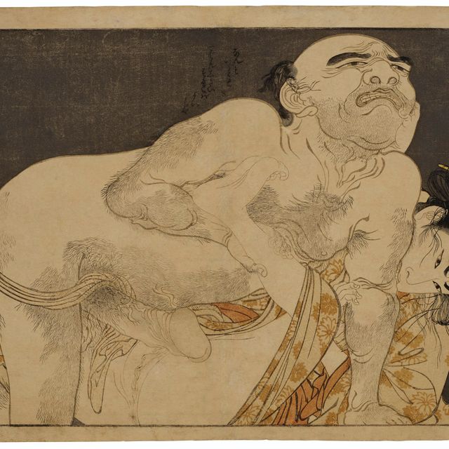 Utamaro Kitagawa — Молодая женщина отбивается от изнасилования волосатым пожилым мужчиной
