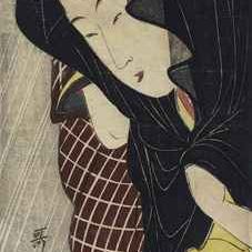 Utamaro Kitagawa — Влюбленные Умэгава и Чубэй, укрывающиеся под зонтиком под ночным дождем, ок. 1798-90