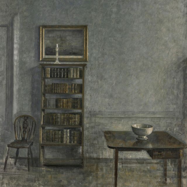 Vilhelm Hammershøi — Интерьер со столом, книжным шкафом и виндзорским стулом, 25 м2