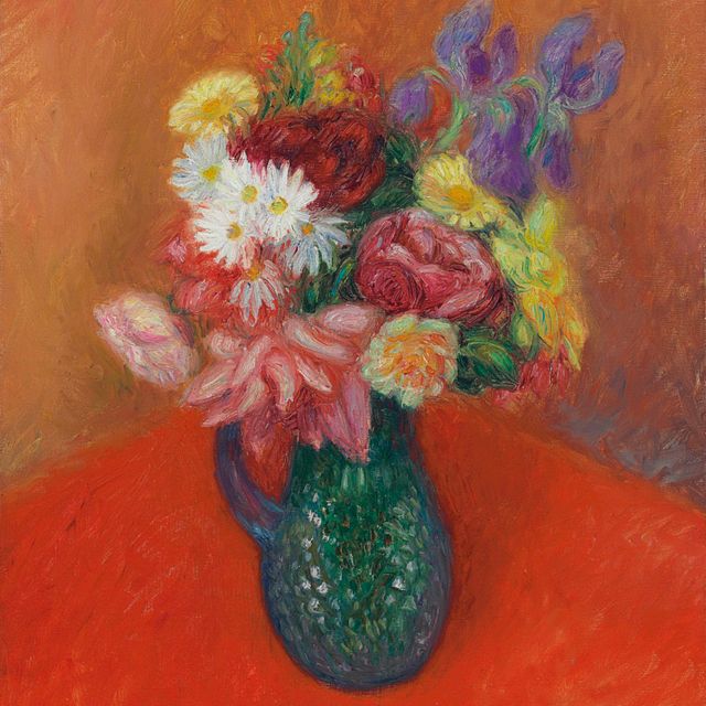 William Glackens — Цветы на красной скатерти