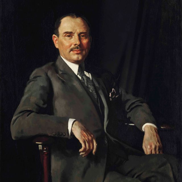 William Orpen — Портрет сэра Луи Бернарда Барона (1876-4934), сидящего в три четверти роста в сером костюме