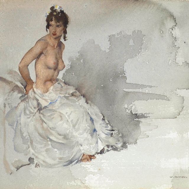 William Russell Flint — Сесилия, полуобнаженная, в белом платье