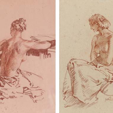 William Russell Flint — Изучение обнаженной женщины, сидящей за столом, если смотреть сзади; и изучение задрапированной и сидящей обнаженной женщины.