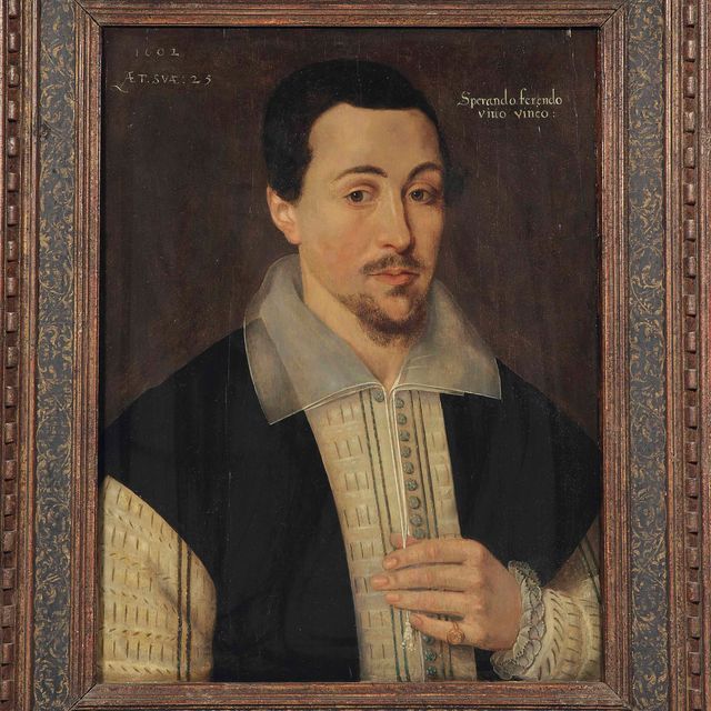 William Shakespeare — Портрет джентльмена, предположительно Уильяма Шекспира (1564-1616), во весь рост, в черном камзоле с белой туникой и золотым перстнем-печаткой.