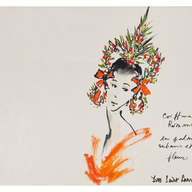 Yves Saint Laurent — Романтическая прическа с пальмами, рубанами и флером (Романтический головной убор из пальм, лент и цветов)
