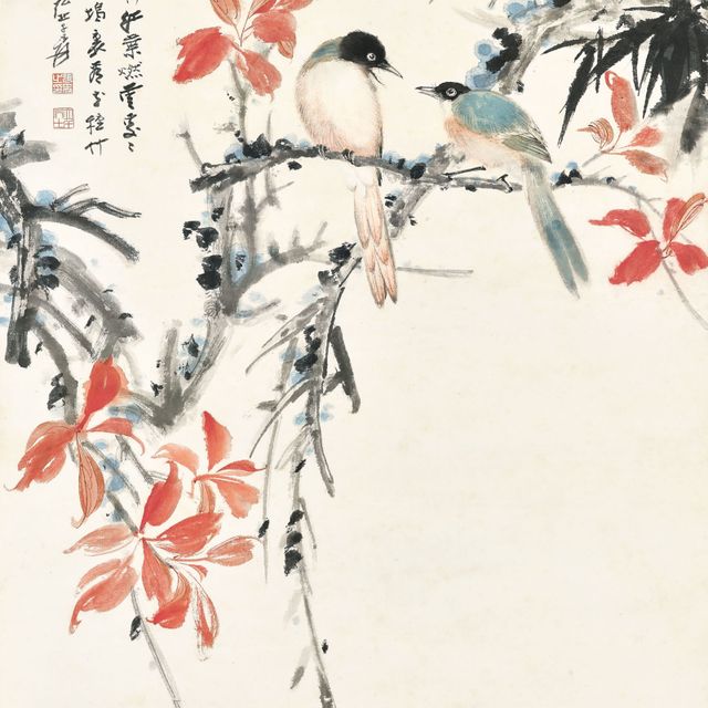 Zhang Daqian — Птицы и красные листья