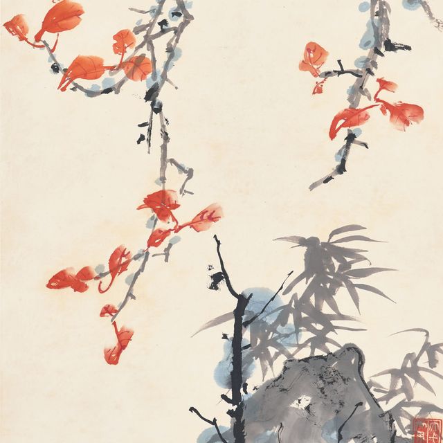 Zhang Daqian — Птица и красные листья