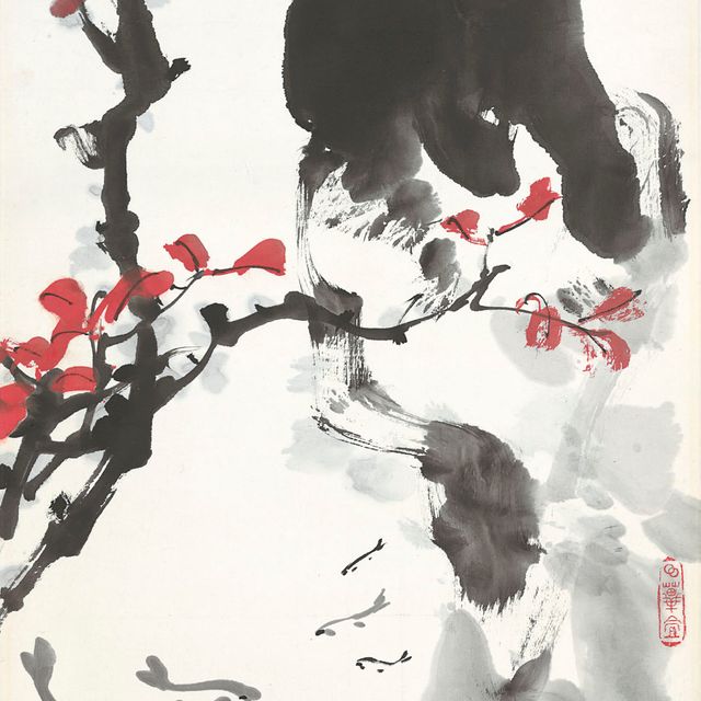 Zhang Daqian — Красные цветы и камень