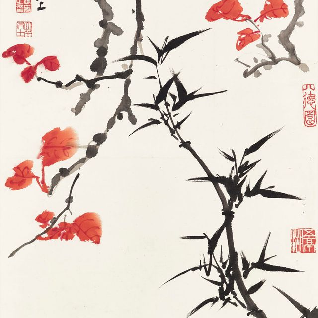 Zhang Daqian — Красные листья, бамбук и птица