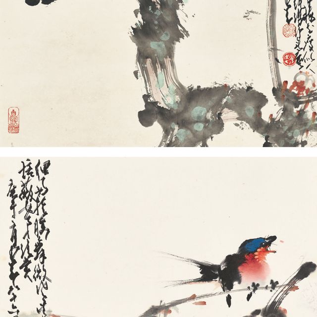 Zhao Shao'ang — Цветок сливы и пчела/ласточка на ветке